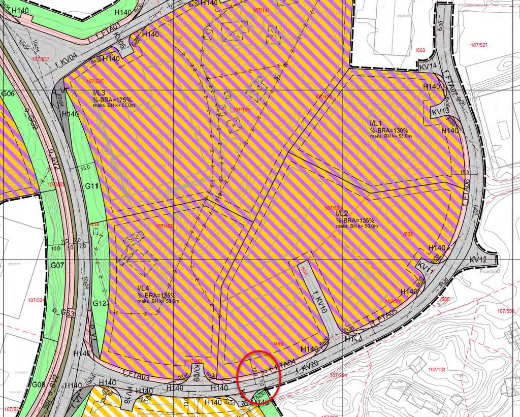 Figur 4 Utsnitt fra reguleringsplan 1201_6319000 Espehaugen Ut i fra alt dette ser det ut til at vegen samsvarer med vegklassen A2;
