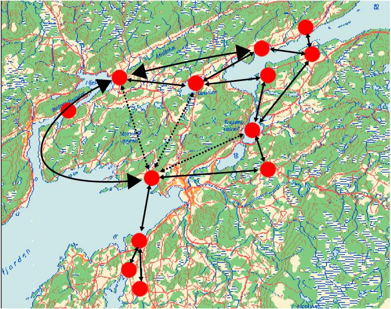 NINA Rapport 83 Figur 11 Kart som viser de viktigste gåselokalitetene i Steinkjer kommune våren 2005. Pilene illustrerer trekkveier mellom de ulike lokalitetene. 3.