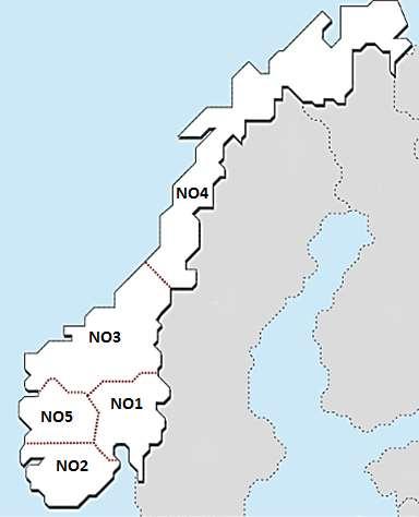 2.3 Regioner LEAP-Norge er inndelt i 5 regioner tilsvarende Elspot/Elbas-prisområdene. Per september 2016 var Norge inndelt i fem kraftprisområder som vist i Figur 2-2.