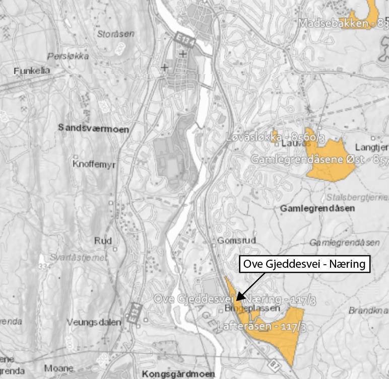 3.9 Ove Gjeddesvei Næring Dette området ligger sør i Kongsberg tettsted, på østsiden av Nummedalslågen ved fv. 87, vist i figur 14. Fv. 87 Gomsrudveien har en ÅDT på 7800.