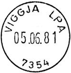 ? 7354 Stempel nr. 9 Type: I25N Utsendt?? VIGGJA LP A Innsendt?? 7354 Registrert brukt fra 14.01.83 IWR til 31.08.96 FH Stempel nr. D1 Type: DN Utsendt?