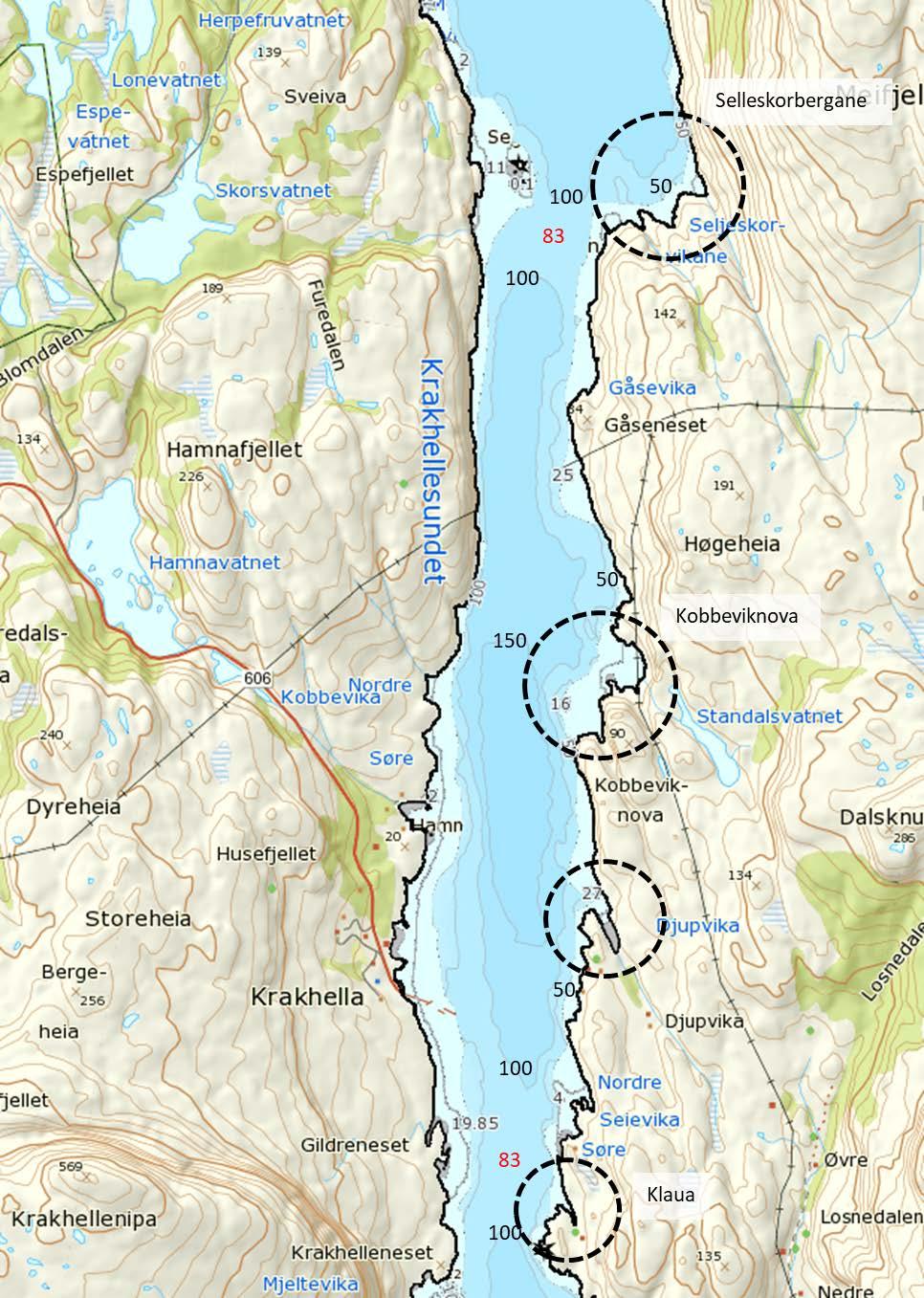 Figur 5. Oversikt over vannforekomsten Krakhellesundet.