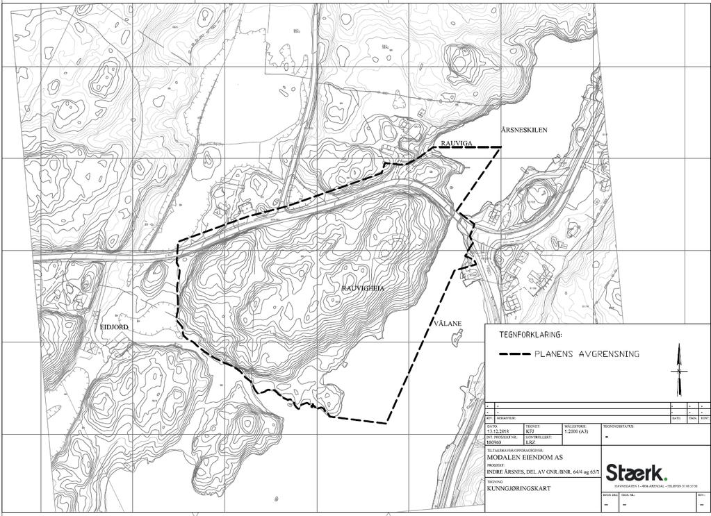 Fig. 3. Planens avgrensning. Kunngjøringskart datert 13.12.2018: Stærk & Co as. 2.