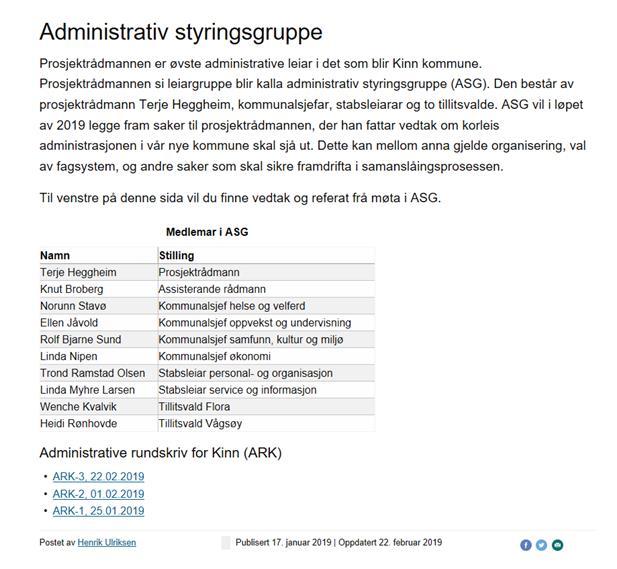 Administrativ styringsgruppe Administrativ styringsgruppe Prosjektrådmannen si leiargruppe blir kalla administrativ styringsgruppe (ASG).