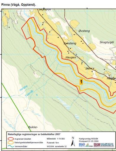 Nordplan side 10 Planprogam Detaljegulering for skiferbrot i Nordheringslie, Gnr 69 Bnr 3 m.fl. Kartgrunnlag, temadata frå www.naturbase.no, www.artskart.no, Bekkekløfter 2007, Oppland (Biofokus.