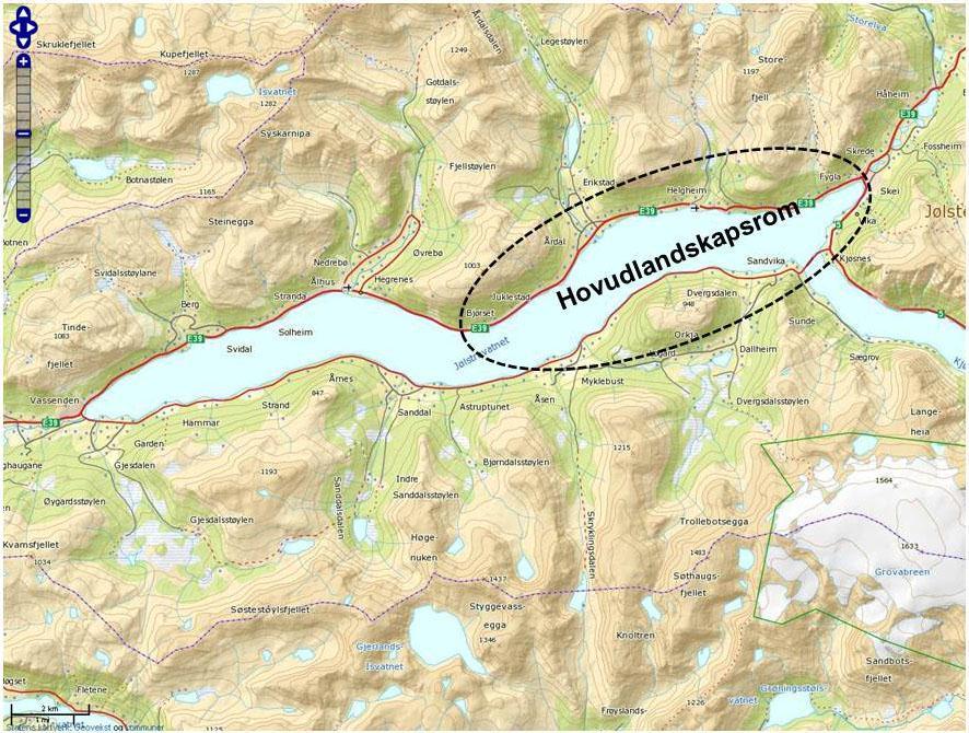 Side 18 (30) Avgrensing av hovudlandskapsrom Når ein køyrer langs vegen vil berre delar av hovudrommet vere synleg av gangen på grunn av framstikkande terrengformer og vegetasjon Hovudrommet er difor