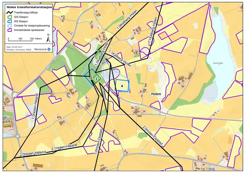 Holen transformatorstasjon Figur 6-7. Arealressurskart over området der ny Holen transformatorstasjon planlegges. Oransje er fulldyrket jord, lysgul er innmarksbeite og grønn er skog.