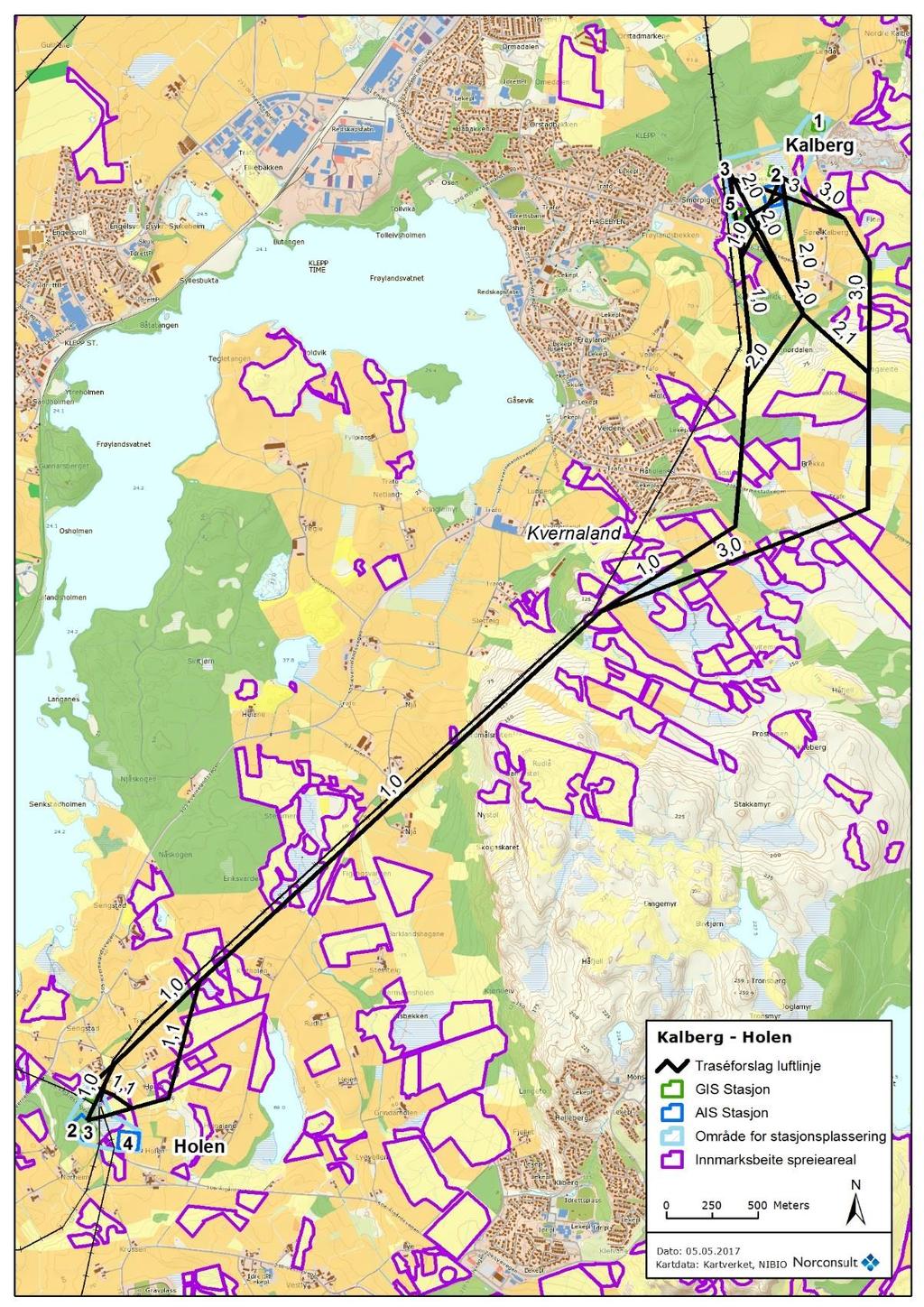 Kalberg Holen Figur 7-6. Arealressurskart over traséalternativer på strekningen Kalberg - Holen.