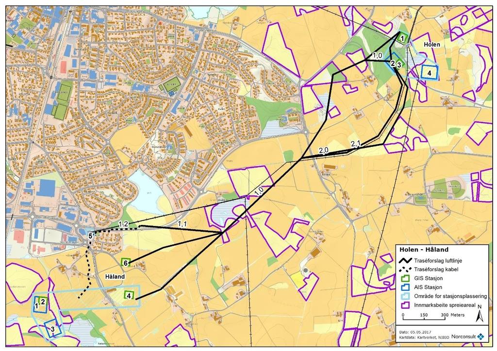 Holen Håland Figur 7-7. Arealressurskart over traséalternativer på strekningen Holen - Håland. Oransje er fulldyrket jord, gul er overflatedyrket jord, lysgul er innmarksbeite og grønn er skog. 7.2.6.