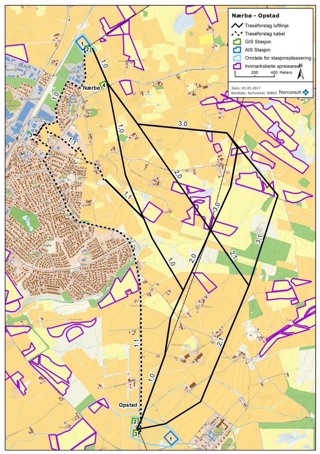 Nærbø Opstad Figur 7-9. Arealressurskart over traséalternativer på strekningen Nærbø - Opstad.