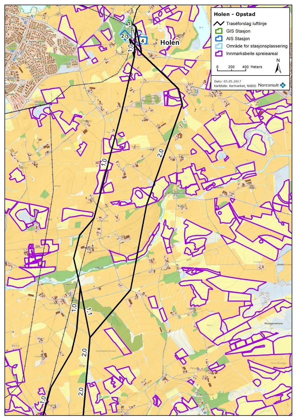 Holen Opstad Figur 7-10. Arealressurskart over traséalternativer på den nordlige strekningen Holen - Opstad.