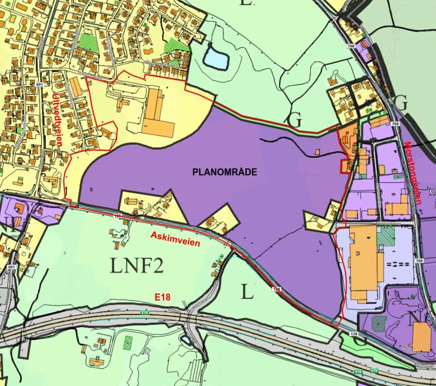 Figur 4: Utsnitt med kommunedelplanen. Varslet planområde vist med rød strek. Fylkesplanen Østfold mot 2050 Planområdet er i fylkesplanen avsatt til avlastningsområde for handel.