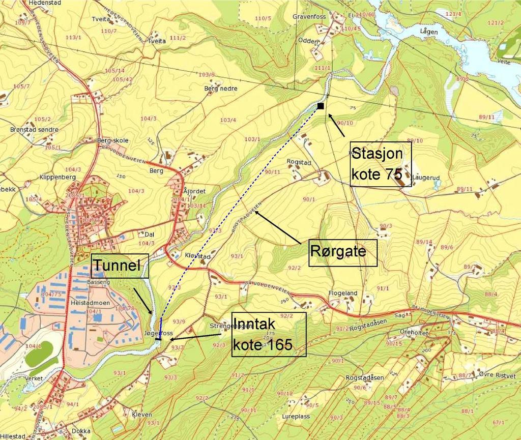 Figur 2. Kartskisse over Kløvstad kraftverk. 1.4 HYDROLOGI Nedbørfeltet til Kløvstadelva har et areal på ca. 89,4 km 2, i tillegg til et restfelt på om lag 1 km 2 (Figur 3).