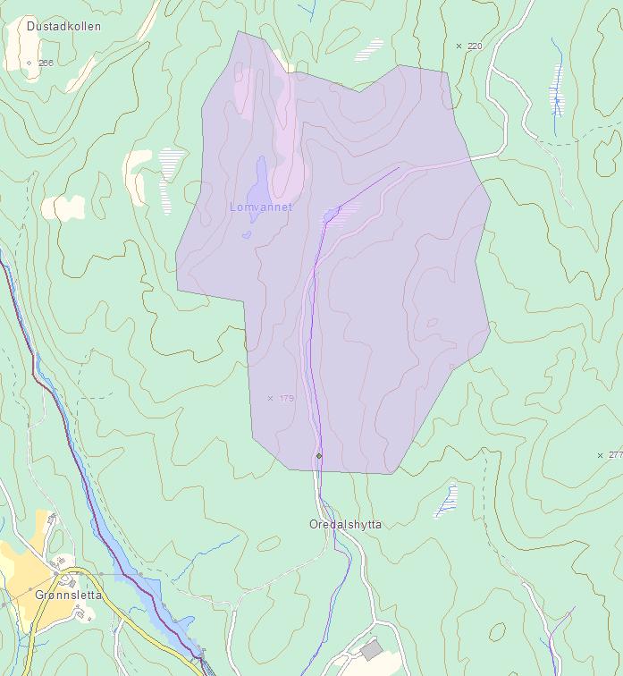 og data for nedbørfeltet (tabell 1) er hentet fra NVE`s database. Grensene er justert noe ut fra detaljbefaring. Figur 5: Nedbørfeltgrense (nve.