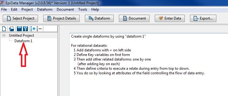 Trykk så på Dataform 1 (se pilen på bildet). Du er nå klar til å bygge opp skjema 1. NB!