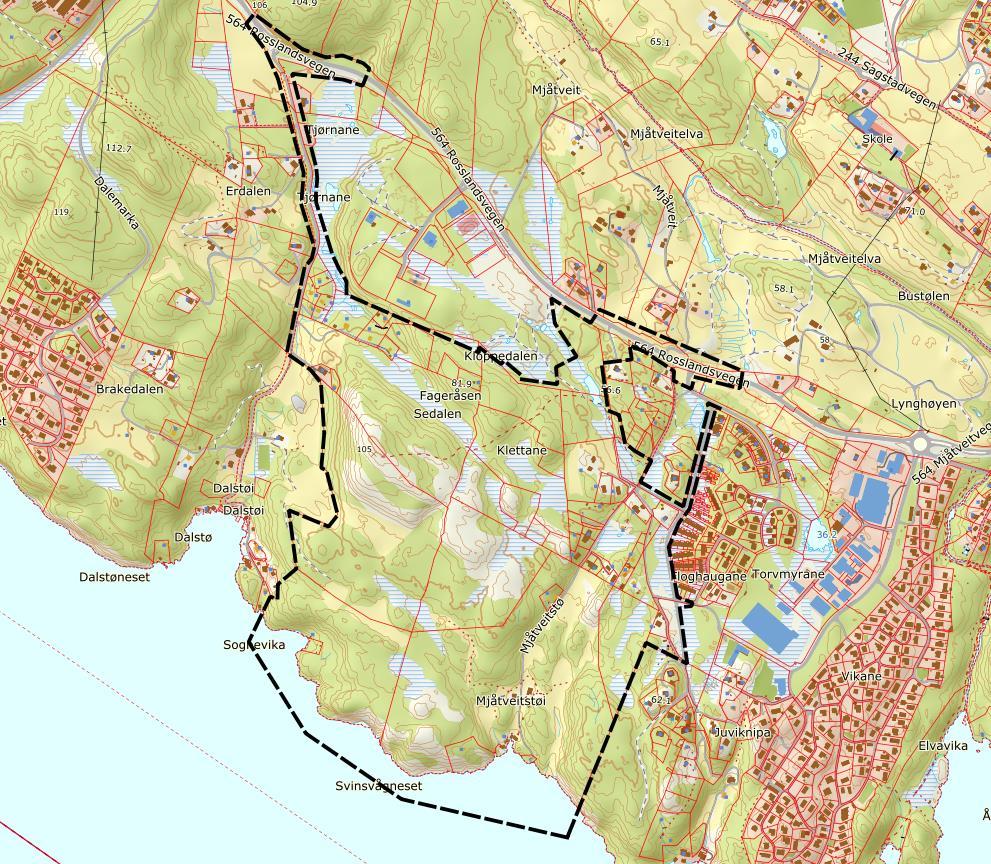 OMRÅDEBESKRIVELSE Området Dalstø-Mjåtveitstø som planlegges regulert ligger, som navnet tilsier, mellom Dalstø og Mjåtveit i Meland kommune sør for FV 564 Rosslandsvegen (figur 2).