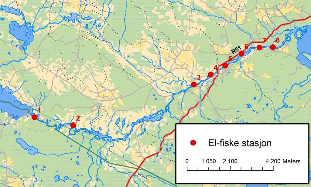 Figur 46: Kart over undersøkte lokaliteter i Tisleia 24. september 2013. For beskrivelse av stasjonene se liste under.