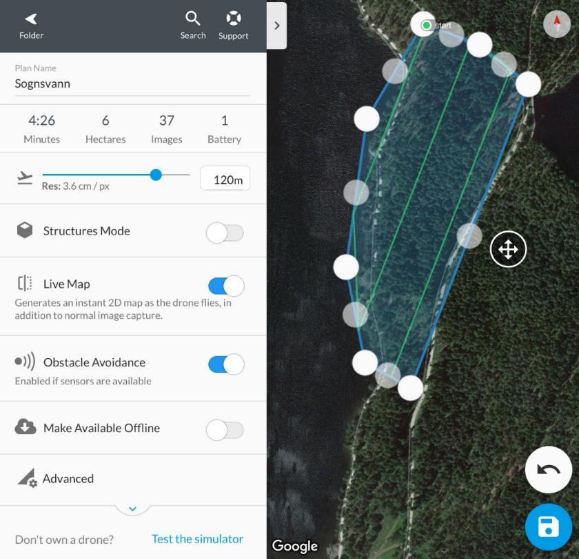 e. Obstacle Avoidance, er om man ønsker å bruke drone sine innbygde sensorer til å unngå hindringer. (ikke alle droner støtter dette) f. Advance i.