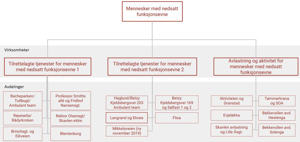 Tjenester til mennesker med nedsatt funksjonsevne omfatter brukere fra 0-100 år. Tjenestene er organisert i tre virksomheter.