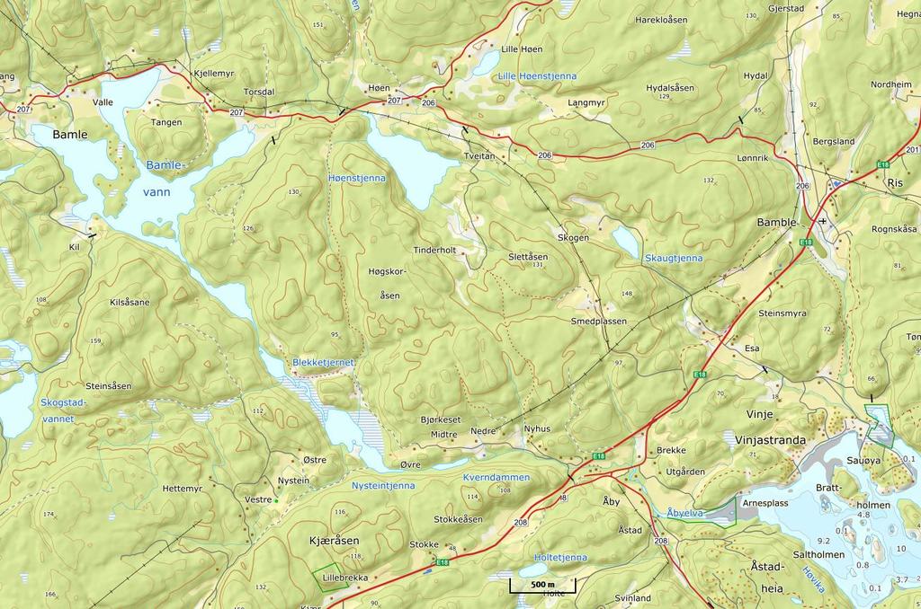 2 Områdebeskrivelse Åbyelva (VannID BN00036361) har sine kilder i Bamblevann og renner sørøstover mot kysten, jf. figur 2. Den første halvdelen av elva går via flere mindre tjern, bl.a. Blekketjern.