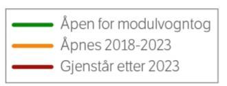 Kartet viser også strekninger som planlegges åpnet i perioden 2018-2023, og de strekninger som gjenstår etter 2023.