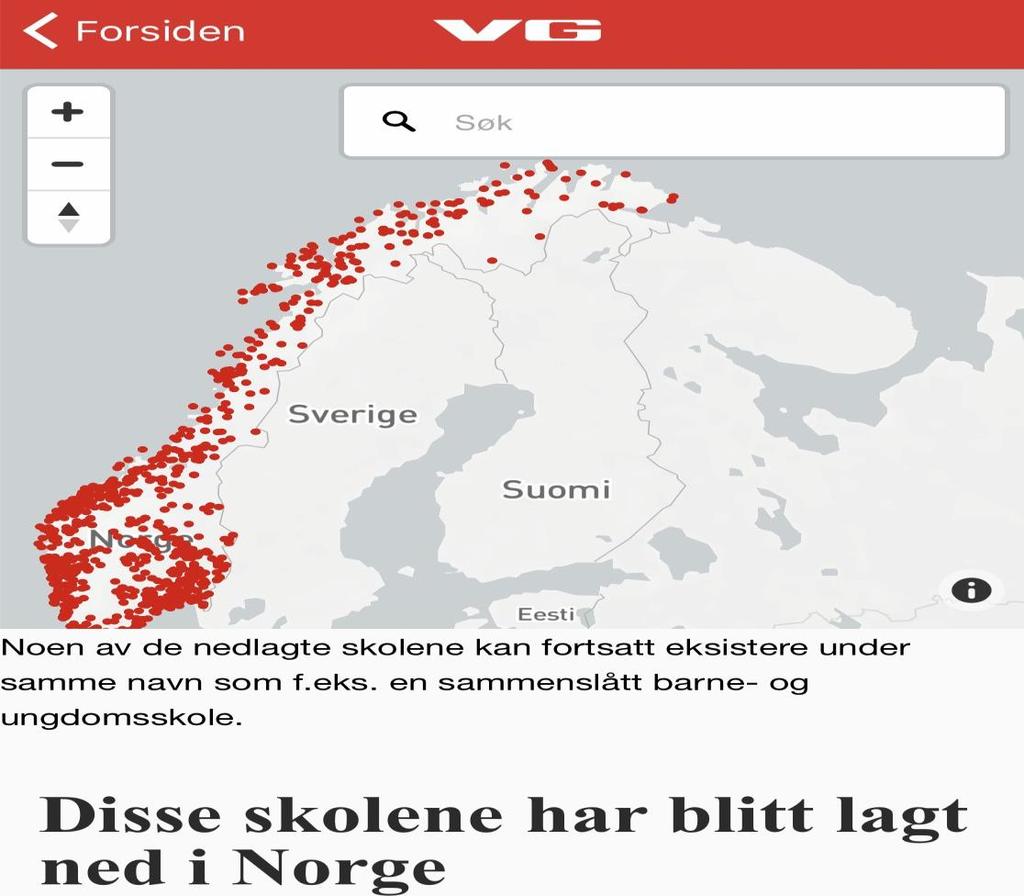 På dette kartet ser du alle skolene som har blitt nedlagt siden 1992.