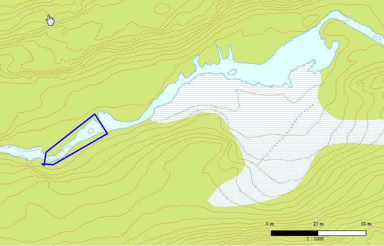 Figur 1: Kartleggingslokalitet for søk etter elvemusling og elektrofiske. Blått polygon angir område for begge undersøkelsene. (Kilde: www.gislink.