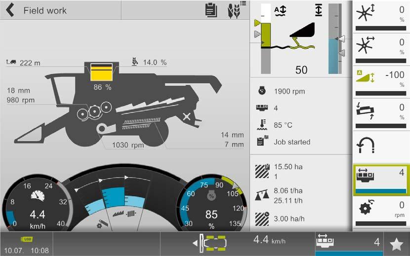 statusdisplay 2 Visning av kjørehastighet 3 Visning av returvolum, spill over såld og halmristere eller rotor 4 Motorbelastning 5 Informasjon fra maskinen 6 Favoritt-valg 7 Visning av kapasitetsdata