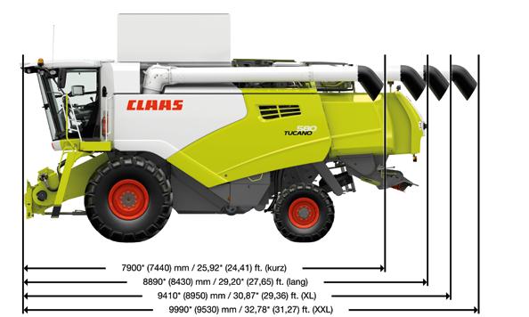 (ekstra lang) 7334 mm (XL) 7900 mm (XXL) Standard skjærebord Effektiv skjærebredde C 490 (4,92 m), C 430 (4,32 m) CERIO 930 (9,22 m), CERIO 770 (7,70 m), CERIO 680 (6,78 m), CERIO 620 (6,17 m), CERIO