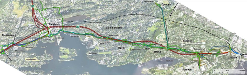 25 Alternativ 3: I alternativ 3 føres E18 i sammenhengende tunnel fra Oksenøyveien til Ramstadsletta. E18 vestfra har ikke kobling til Fornebu i Fornebukrysset, dvs.