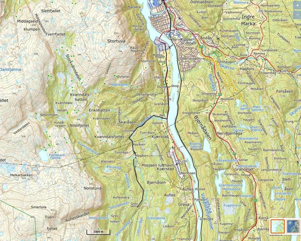 Figur 5: Transportveg fra Mosjøen til avkjørselen ved Grøvsetra (sort linje).