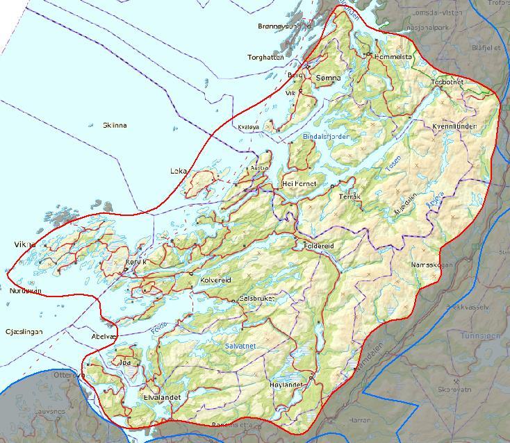 Innledende beskrivelse av området AREAL: 7823 km 2 KOMMUNER: Namsos, Fosnes, Nærøy, Vikna, Leka, Sømna, Brønnøy, Bindal, Namsskogan, Høylandet, Overhalla, Grong.