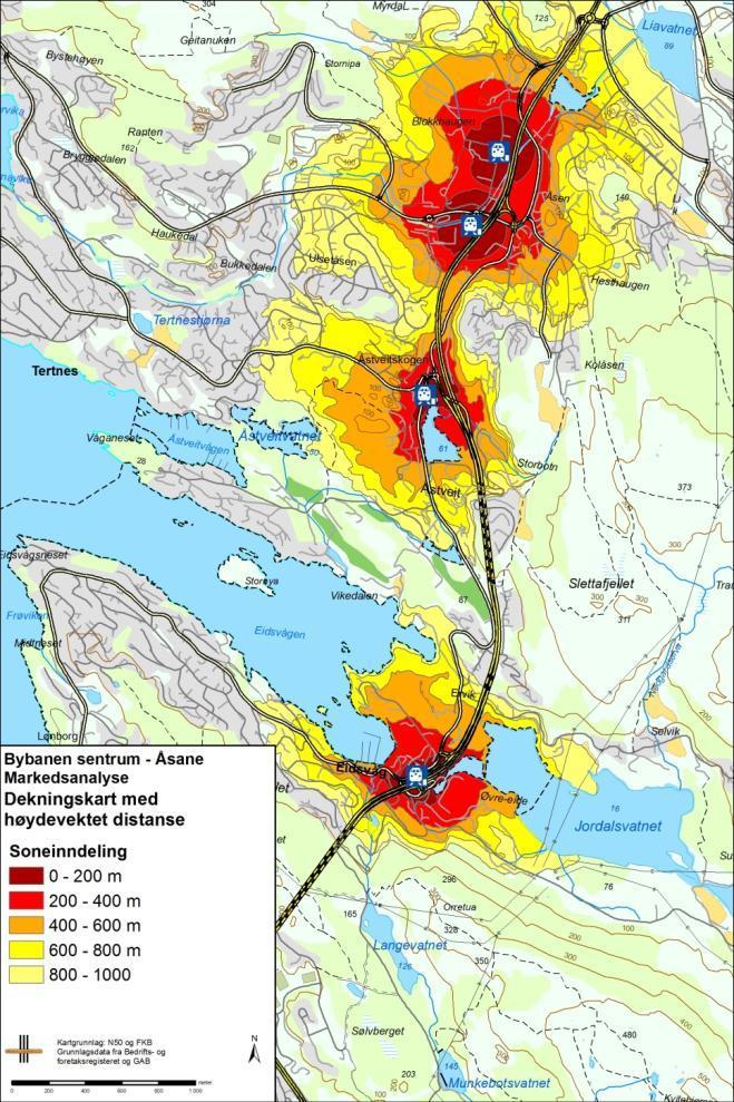 Dekningssoner Åsane og Eidsvåg Samlet Åsane terminal + Åsane senter + Åstveit Soneintervall Antall bosatte Antall ansatte Sum Nedre Øvre Sone 1 0 200 117 1894 2011 Sone 2 200 400 759 1514 2273 Sone 3