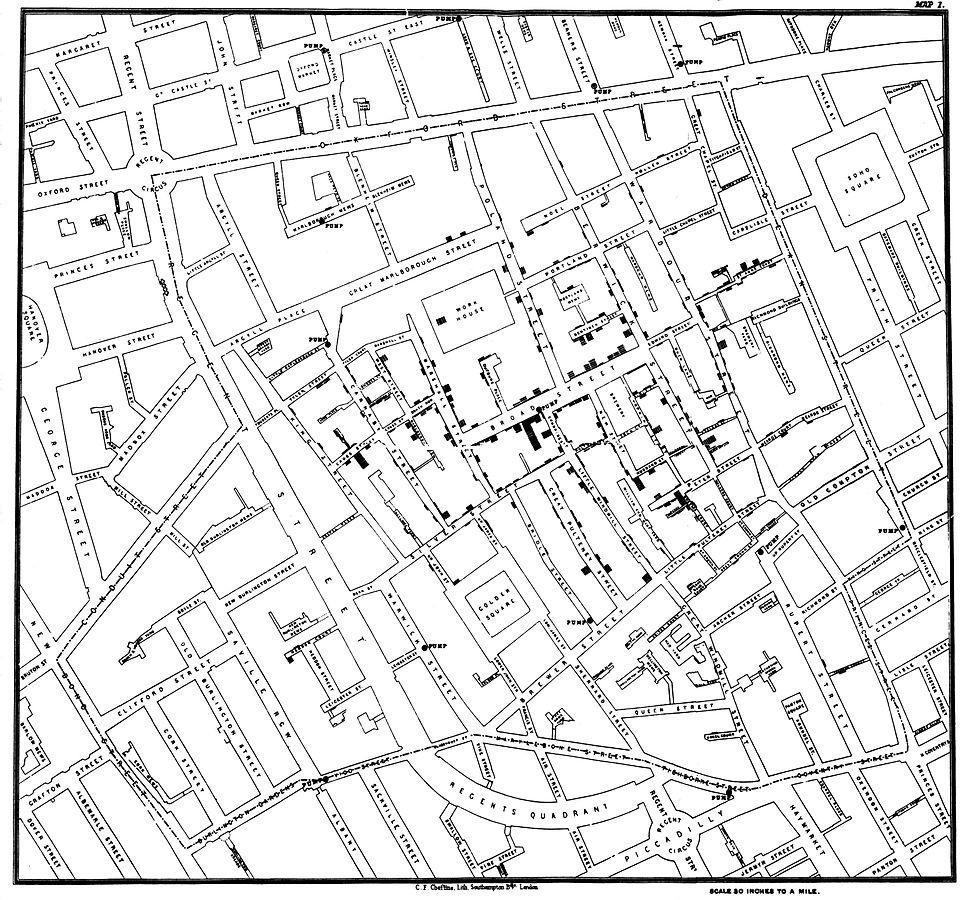 Smart bruk av data John Snows kolerakart (1854) Påviste