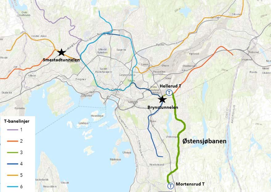 Figur 2: Utsnitt av deler av Oslo, hovedveinettet og T-banenettet. Østensjøbanen, Lørenbanen/Løren T, Smestadtunnelen og Brynstunnelen er angitt.