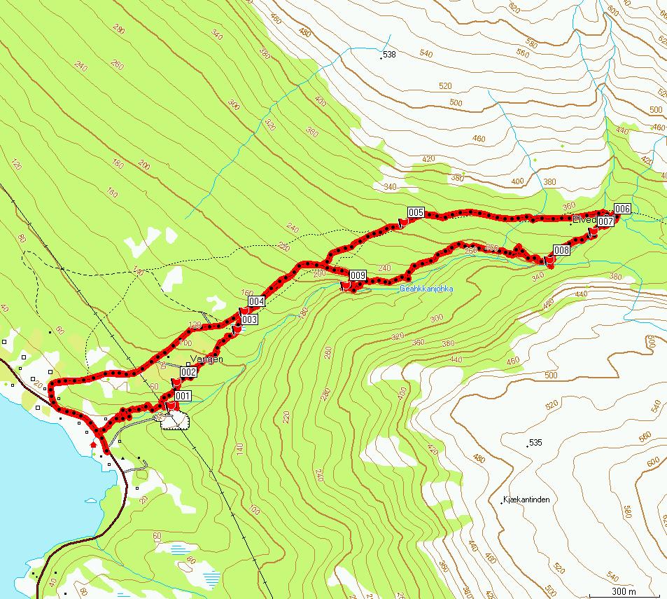 Figur 5. Befaringsrute (rød) langs Kjækanelva, 3.