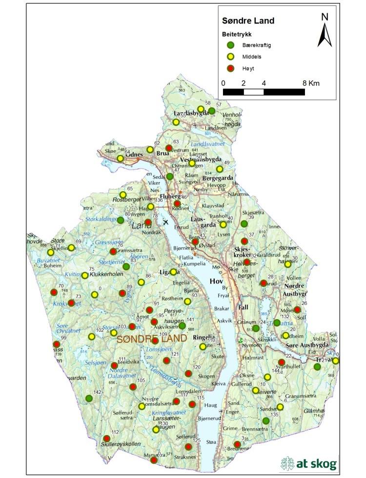 Beitetrykk geografisk fordelt Beitetrykk for takserte bestand i 2018.