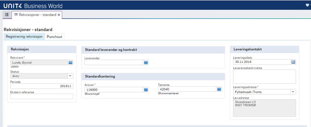 Feltbeskrivelse for rekvisisjonshodet: - Rekvirent: Pålogget bruker med en innkjøpsrolle i Unit4. Navn og ressursnummer. - Status: Aktiv for nye rekvisisjoner - Periode: Gjeldende periode i Unit4.
