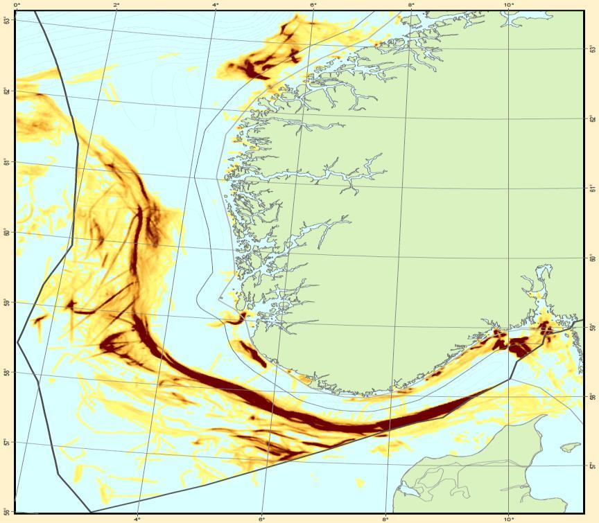Figur 2-1 Omfanget av fiske med norske og utenlandske fartøy over 15 meter i Nordsjøen 2015-2017.