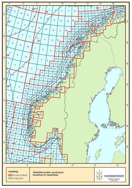 Figur 2-2 Fiskeristatistikkene inndeling i hovedområder og lokasjonsområder, samt grunnlinjen, 6 mil og 12