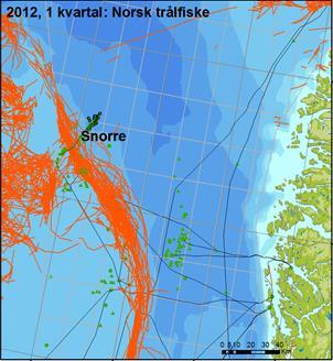 Se Figur 2-5 som viser både utenlandsk og norsk bunntrålfiske i Snorre-området i første kvartal 2012. Det er i hovedsak sei det fiskes etter i dette området.