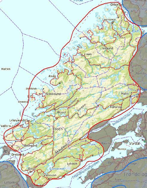 Innledende beskrivelse av området AREAL: 5876 km 2 KOMMUNER: Indre Fosen, Bjugn, Åfjord, Roan, Osen, Flatanger, Namdalseid, Verran, Inderøy, Namsos, Steinkjer, Ørland.