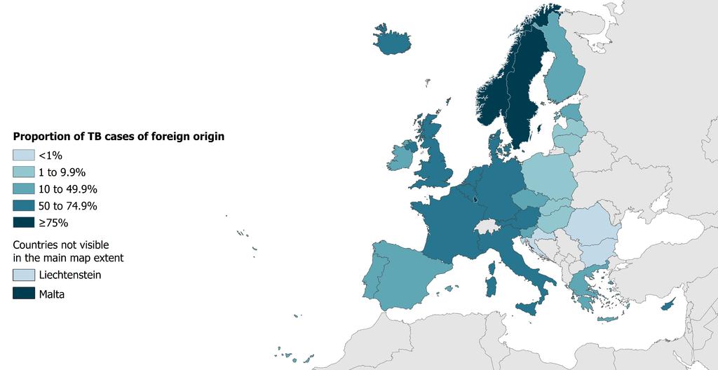 TB in persons of foreign origin, EU/EEA, 2017 18 299 TB cases of foreign* origin 33.1% of all TB cases (range 0 92.