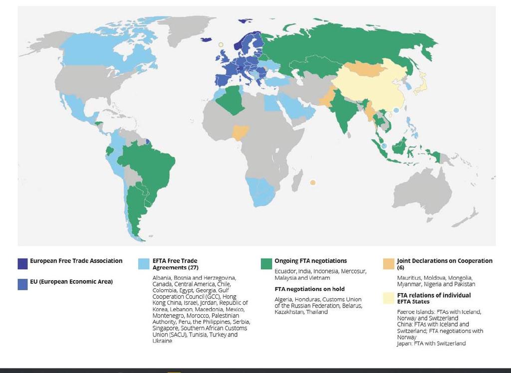 EFTA blant de mest offensive i verden på frihandelsavtaler EFTA og Norge har 28 frihandelsavtaler med 39 land gjennom EFTA + EØS.