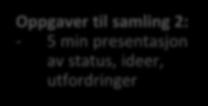 Fyll ut statusrapport Oppgaver til samling 3: - 5 min presentasjon av status -