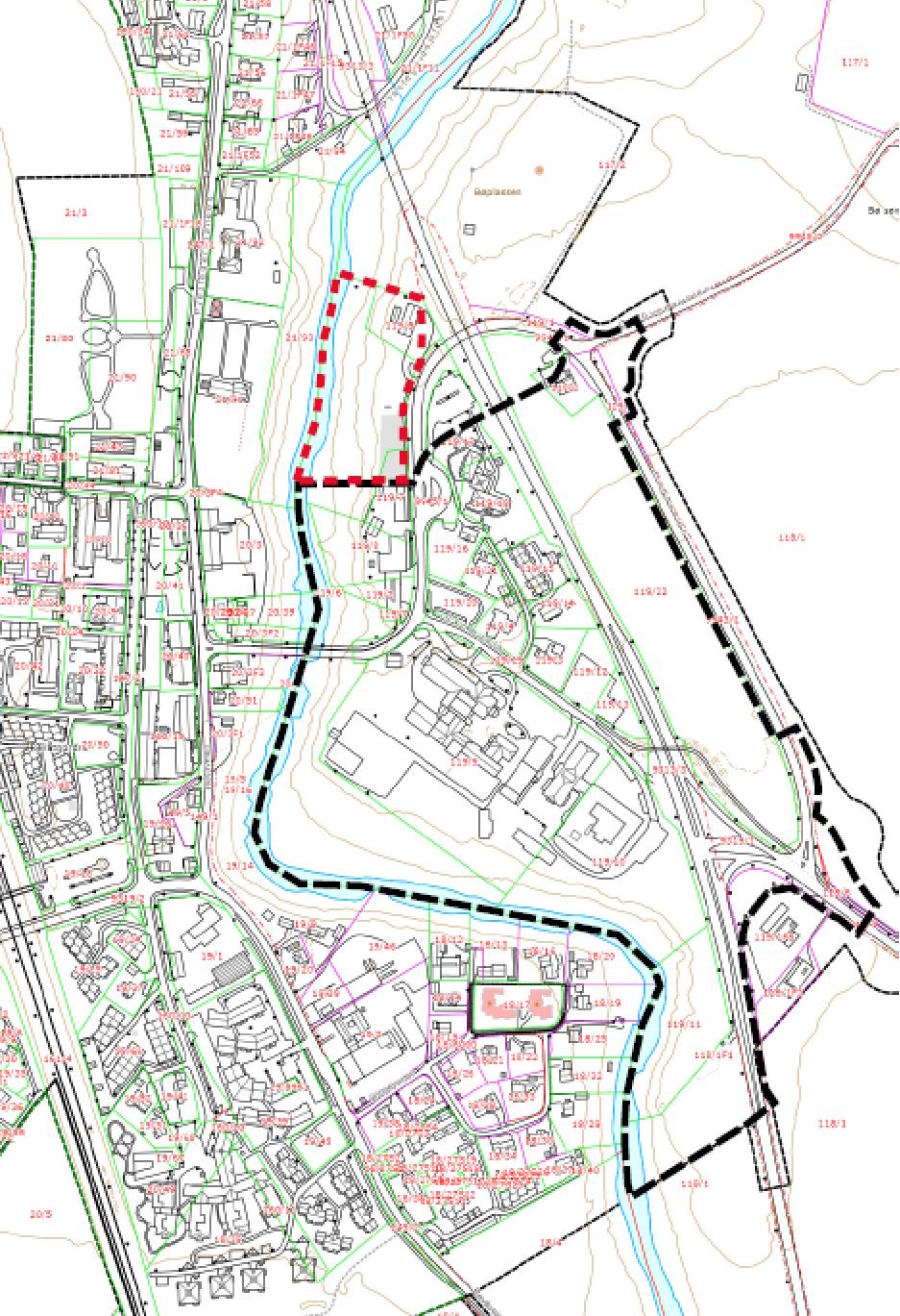 Kartutsnitt med eiendommer innenfor planområdet.