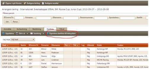 Om du skal eksportere en fil fra fanen «Startliste» forutsetter det at du har flyttet utøverne til startlisten.