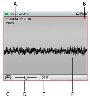LYD Hver opptaker i DVMS-systemet kan ha flere lydkanaler. Du kan lytte til sanntids- og opptakslyd hvis du har blitt gitt rettighetene til dette. Lydbilde. A. Dato, tid og navn på kanalen B.