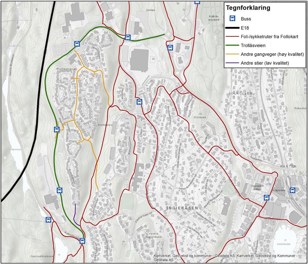 10 (18) PLAN 0217-2009006 Rapport 2: Gangforbindelser Mastemyr, datert 19.09.2017 Rambøll utarbeidet i september 2017 på oppdrag fra Lienga 4 AS en vurdering av behov og nytte av den omtalte fortaustrekningen mellom Trollåsen senter og Kolbotnveien.