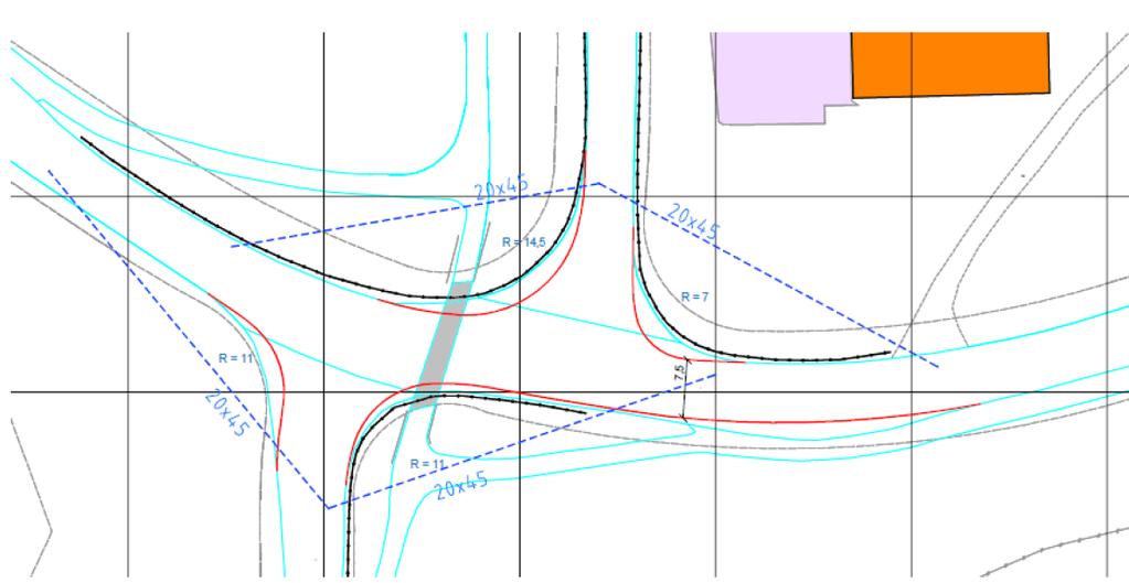 12 (18) PLAN 0217-2009006 Figur 5: Innsnevring av kantlinjer basert på sporing for lastebil. Lyseblå linjer er eksisterende vegkant, mens nye er tegnet med rødt.